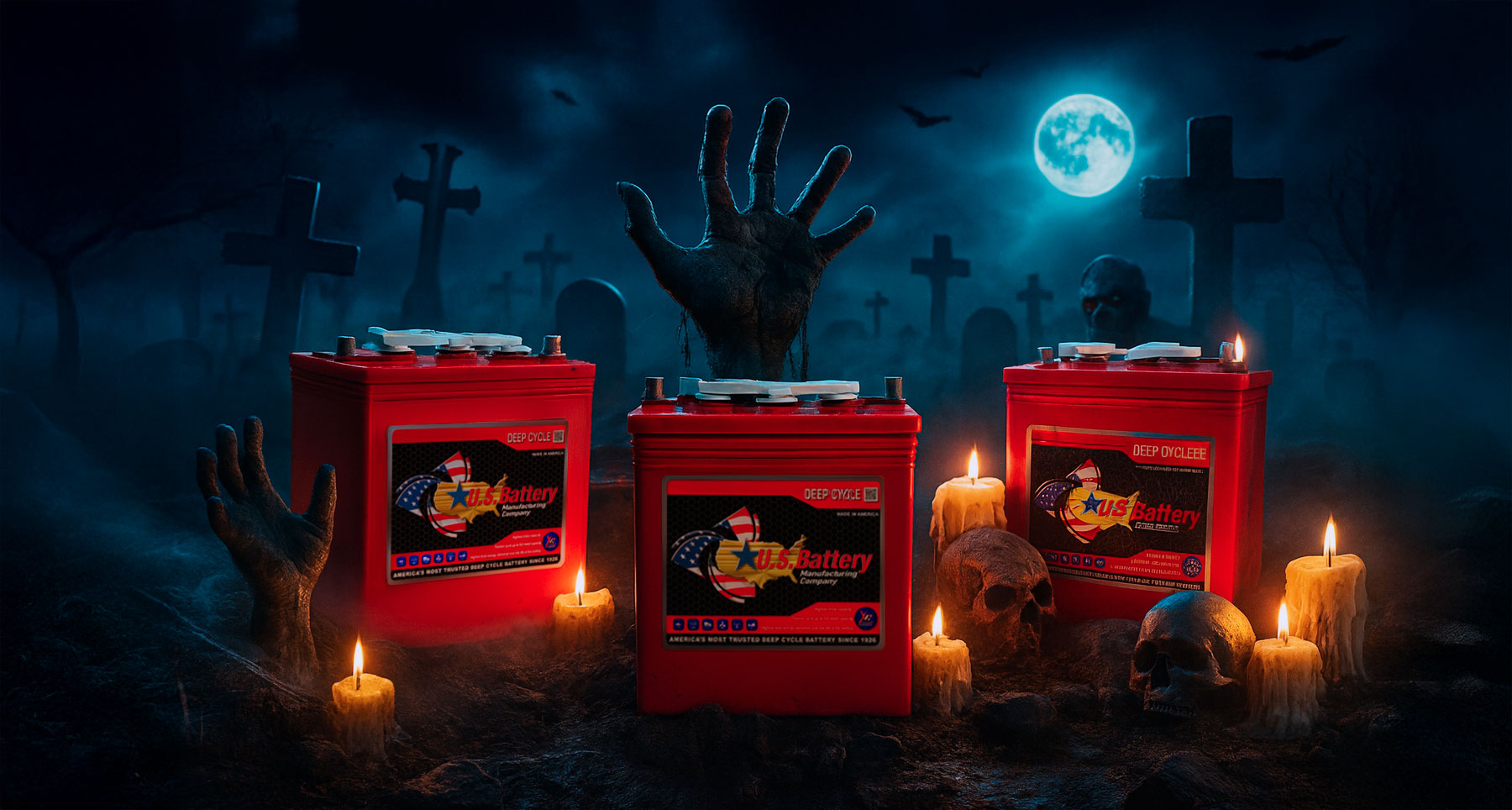 Baterías para plataformas elevadoras con decoración de Halloween — potencia, rendimiento y fiabilidad de RB Componentes.